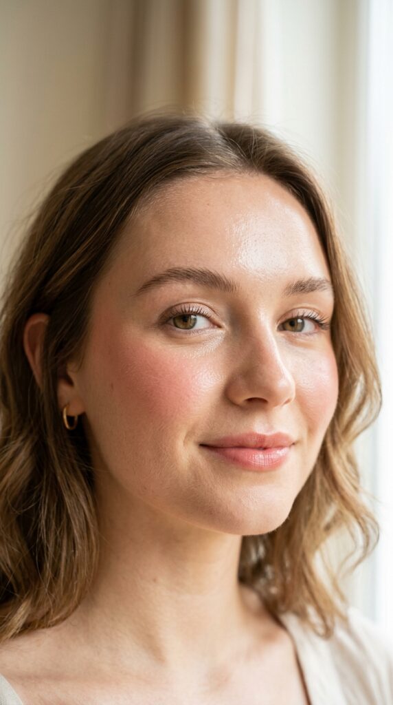 Close-up of cream blush on cheeks, soft natural flush, dewy glowing skin, and a fresh minimal makeup aesthetic