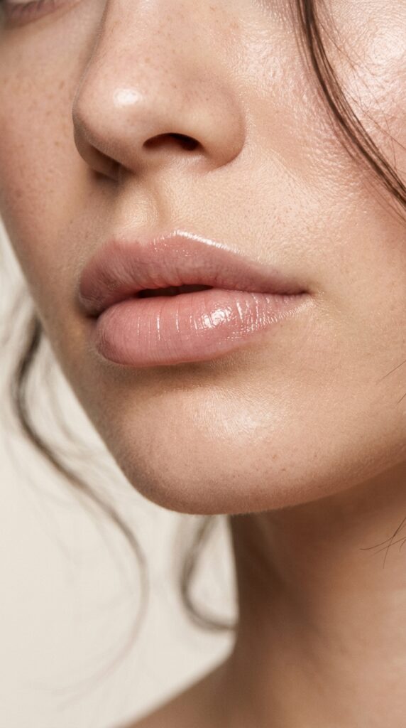 Close-up of glossy nude lips with a soft shine, natural tones, and a fresh minimal beauty aesthetic