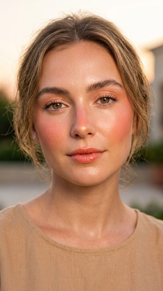 Sunset blush blend with coral, pink, and orange tones creating a warm glowing summer makeup look