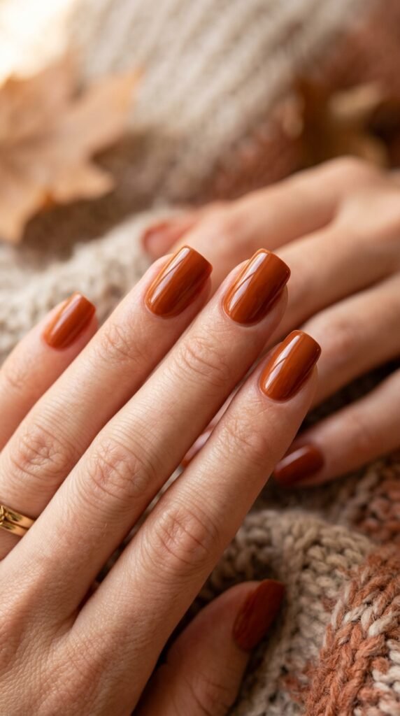 Close-up of burnt orange nails with warm autumn tones, glossy finish, and a cozy seasonal aesthetic