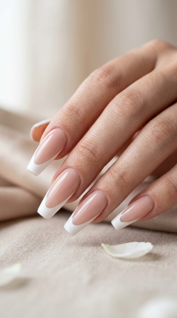 French tip coffin nails with a nude base and clean tips, glossy finish, and a modern elegant summer aesthetic