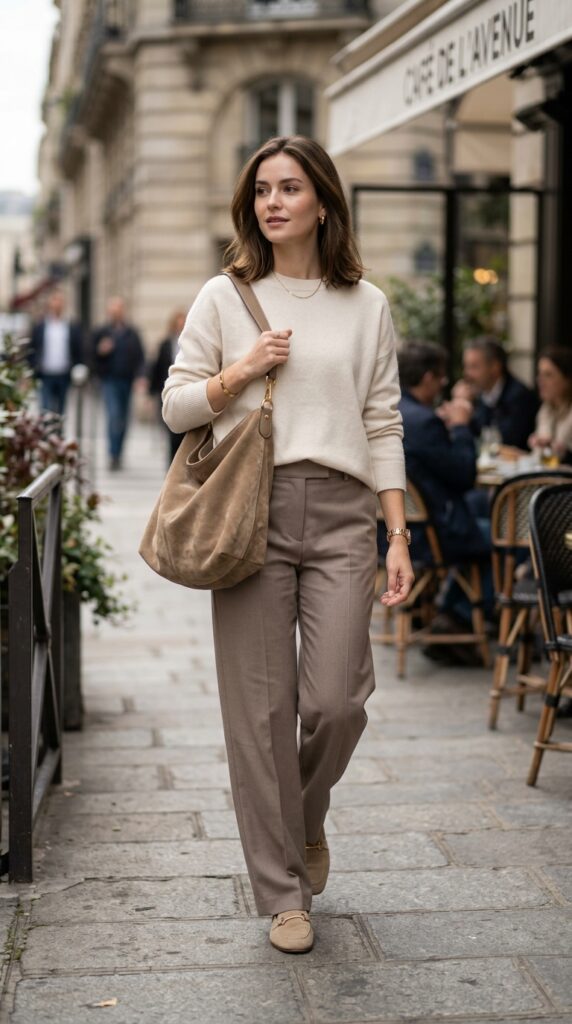 Woman in a minimal neutral outfit with a slouchy suede bag, soft tones, clean style, and an effortless modern aesthetic