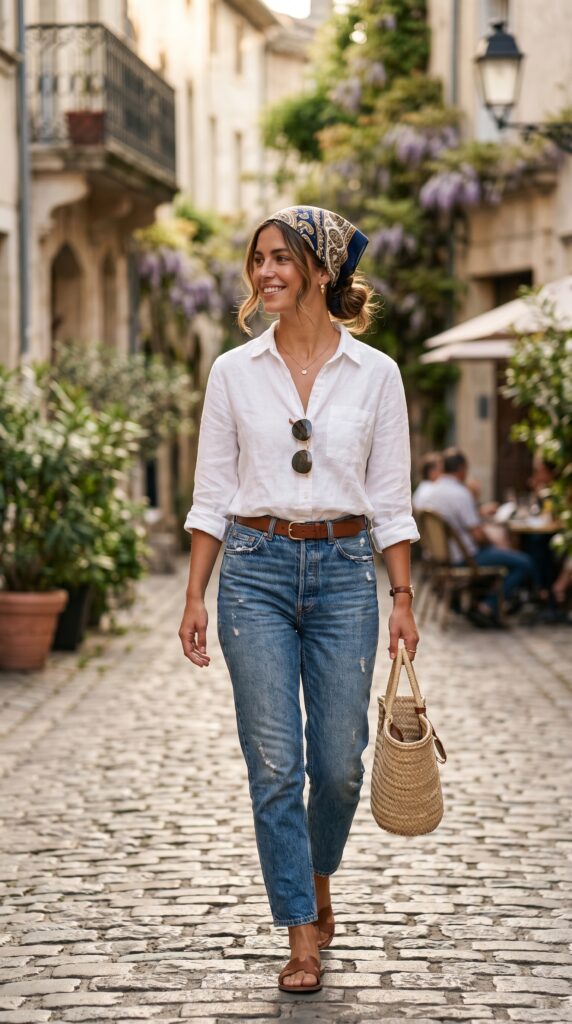 Classic bandana head wrap styled with a casual outfit, creating a trendy, retro-inspired, and effortlessly chic summer look