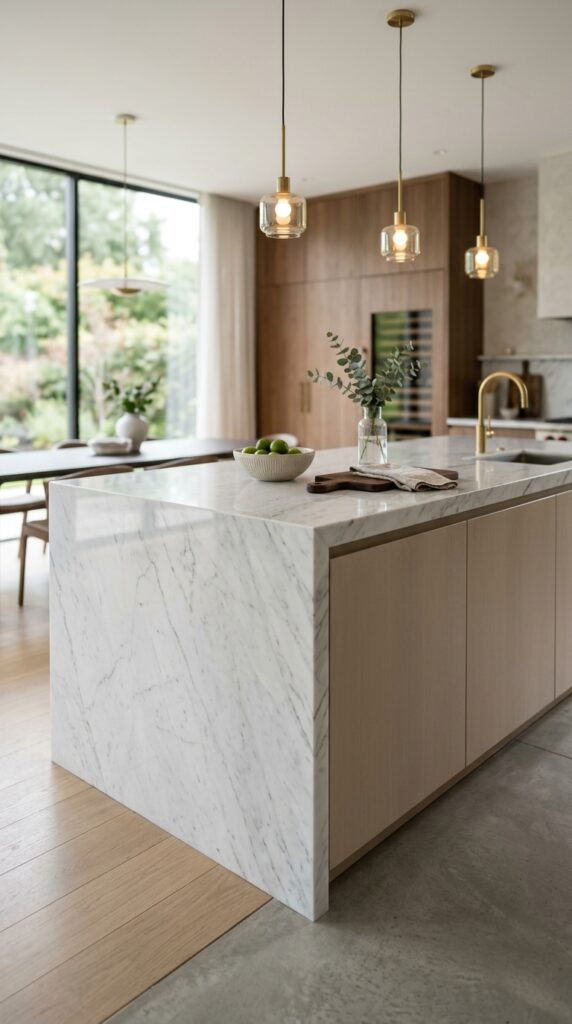 Kitchen island with waterfall edge countertop, seamless marble design, clean modern look, and a luxurious aesthetic