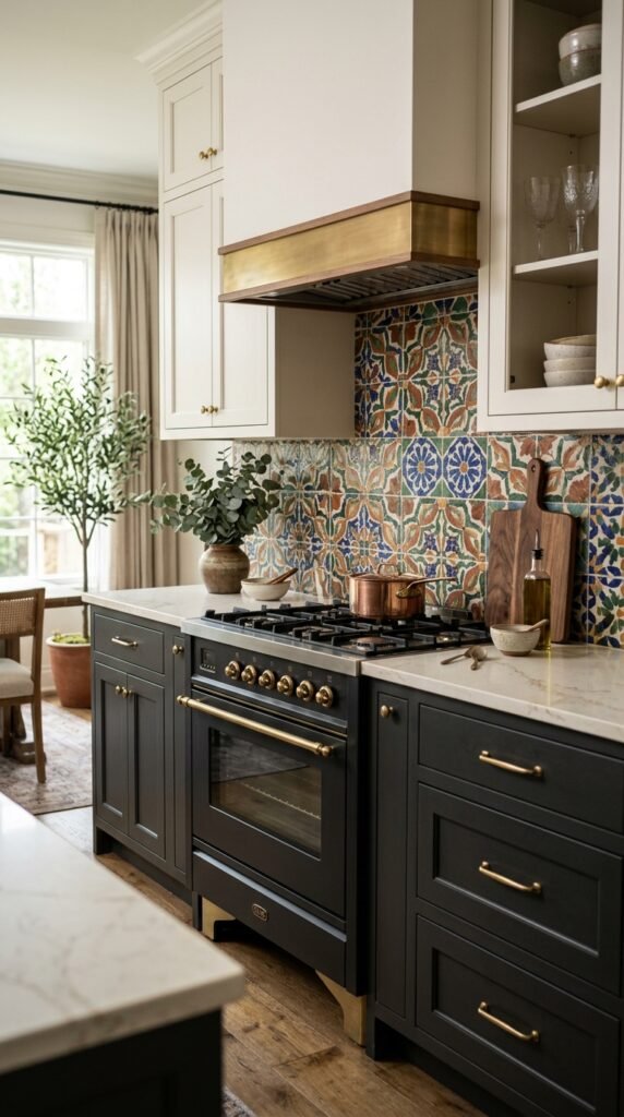Bold patterned tile backsplash with colorful geometric designs, creating a vibrant and eye-catching kitchen aesthetic