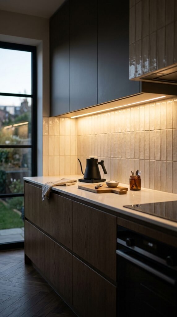 Kitchen with under-cabinet lighting creating a warm glow, enhancing countertops and adding a modern stylish ambiance
