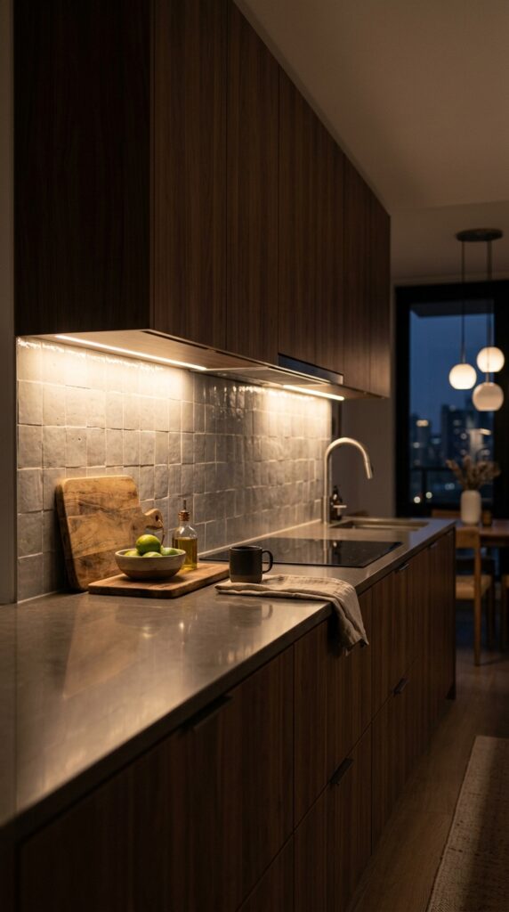 Under-cabinet lighting in a modern kitchen creating a warm glow that enhances countertops and adds a stylish, functional ambiance