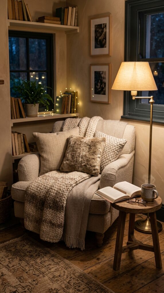 Cozy reading nook with warm ambient lighting, soft glow, comfortable seating, and a calm relaxing atmosphere