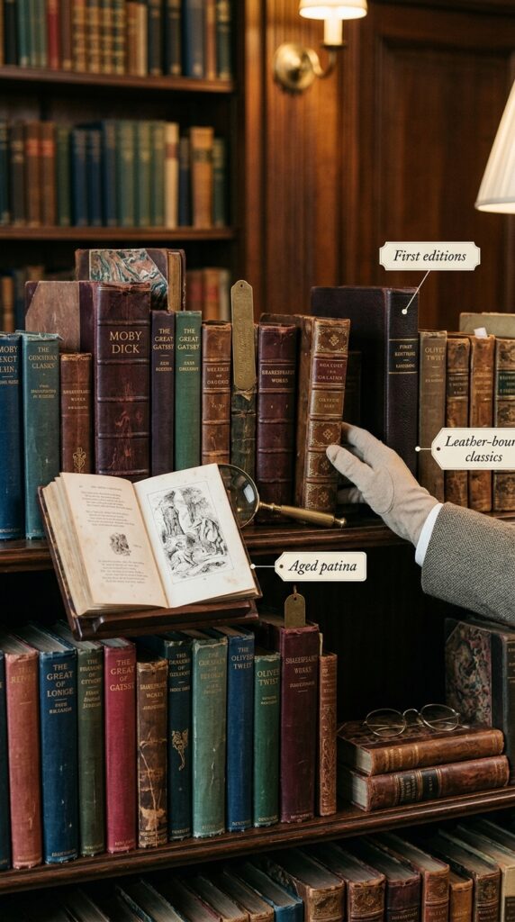 Luxurious vintage and antique book collection bookshelf featuring leather-bound classics, first editions, aged cloth bindings, ornate embossed spines, period-appropriate dust jackets, and antique literary accessories arranged as featured pieces honoring literary heritage and historical significance.





