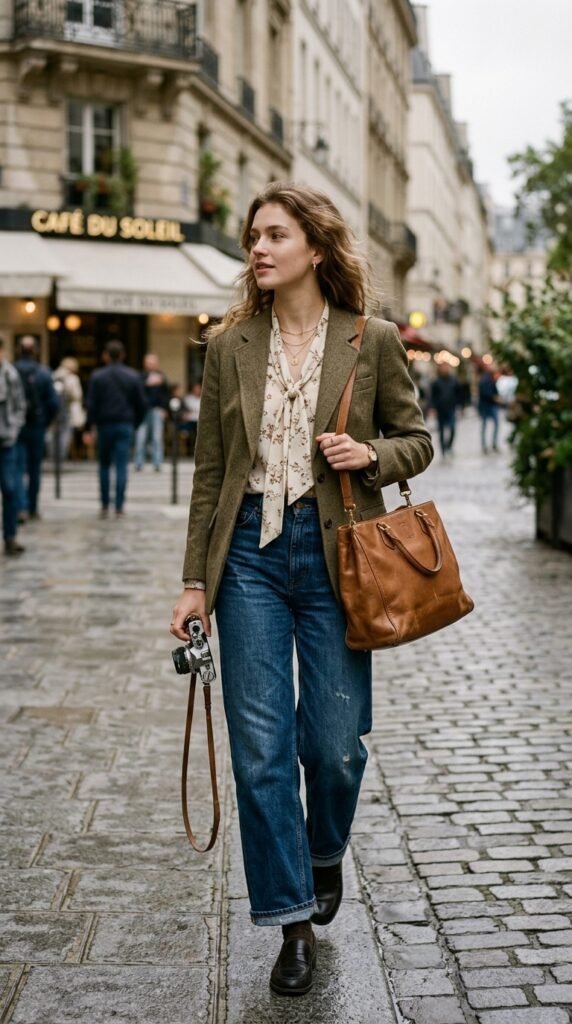 Model in a vintage-inspired outfit with a worn designer bag, retro styling, soft tones, and a modern nostalgic aesthetic
