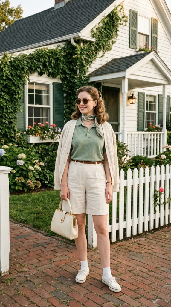 Woman wearing a vintage preppy inspiration outfit featuring a soft sage green polo shirt, cream tailored shorts, white vintage-style boat shoes, cream cardigan, vintage silk scarf, and vintage-inspired jewelry, standing in front of a charming mid-century cottage with ivy and vintage architectural details.






