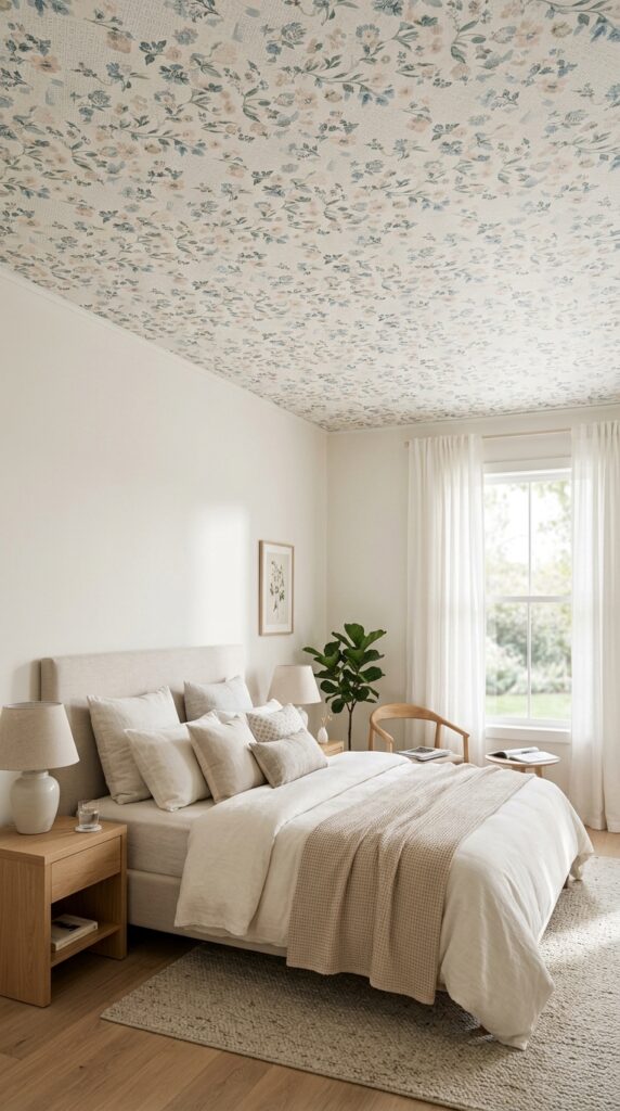 Bedroom with a wallpapered ceiling featuring soft patterns, neutral tones, and a calm stylish aesthetic with natural lighting