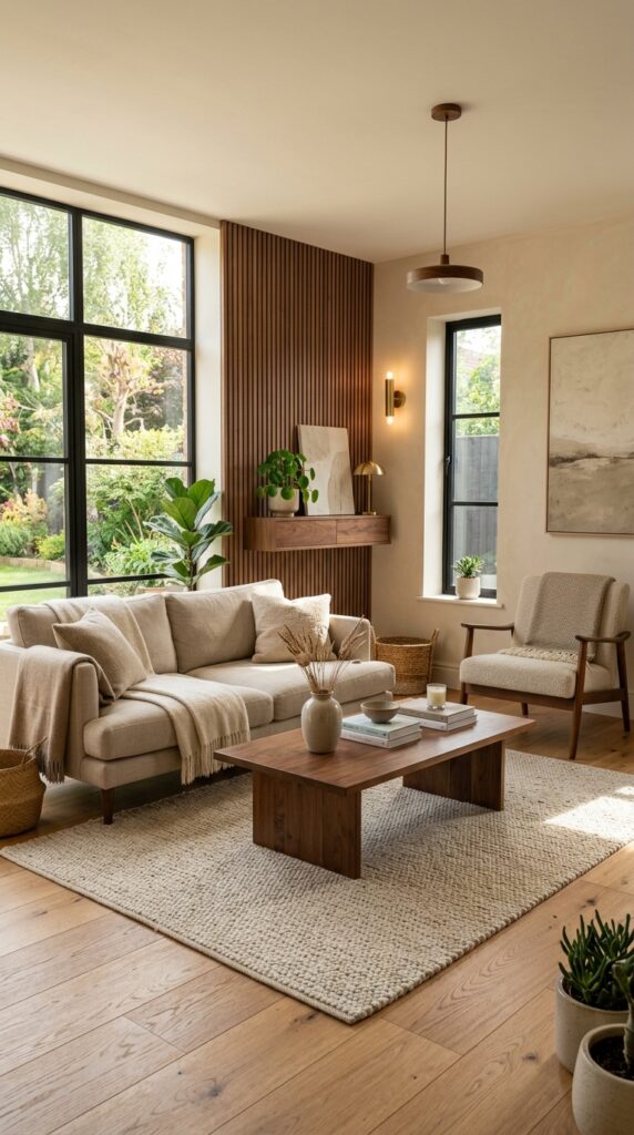 Cozy modern interior with warm wood tones, natural oak furniture, soft lighting, neutral decor, and an inviting earthy aesthetic