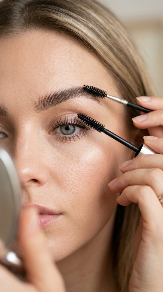 Close-up of waterproof mascara on lashes and defined brows, natural lifted look, and a fresh summer beauty aesthetic