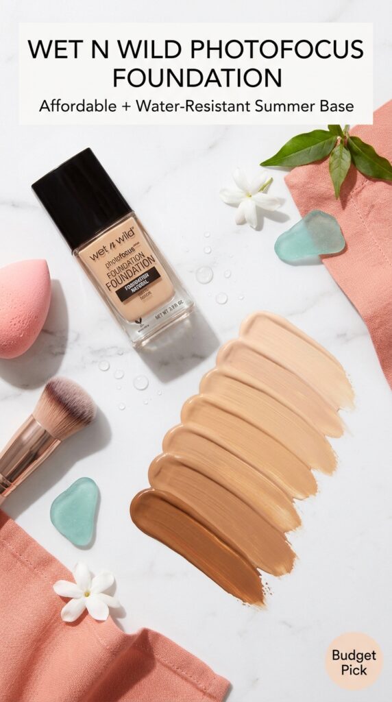 Wet n Wild PhotoFocus Foundation bottle with shade swatches and beauty sponge on white marble surface for affordable water-resistant summer makeup






