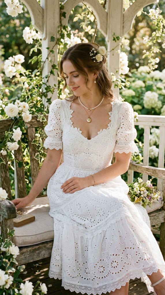 Woman wearing a pristine white eyelet and lace dress with intricate cutout patterns and delicate lace trim, seated in a sun-dappled garden gazebo adorned with pearl jewelry and fresh white flowers in her hair.






