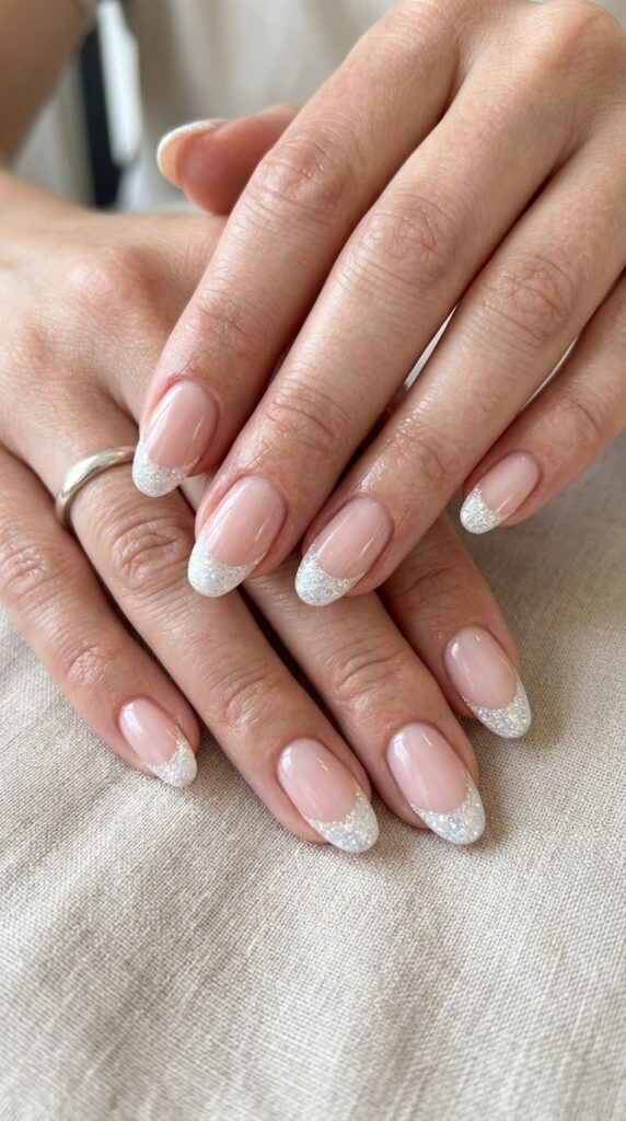 Hands with modernized white glitter French manicure featuring sparkly white glitter tips on nude base for sophisticated fresh take on classic timeless summer design