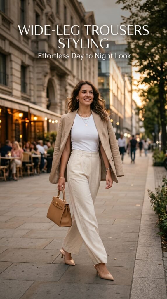 Woman wearing cream wide-leg trousers with white tank top and blazer for versatile day to night summer outfit ideas





