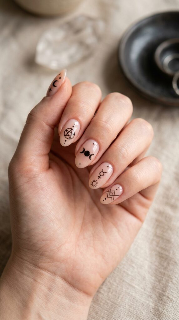 Witchy minimalist nail art with tiny black symbols on a nude base, creating a subtle, edgy, and modern gothic manicure look