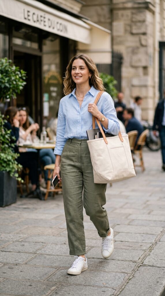 Woman carrying a canvas work tote bag with a smart-casual outfit, neutral tones, and a relaxed practical aesthetic
