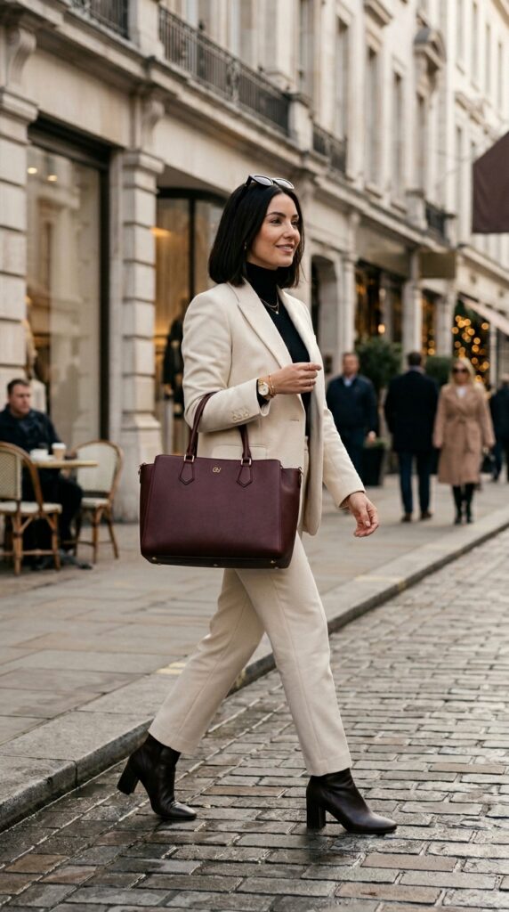 Woman with a designer statement tote bag, luxury style, polished outfit, and a chic high-fashion aesthetic