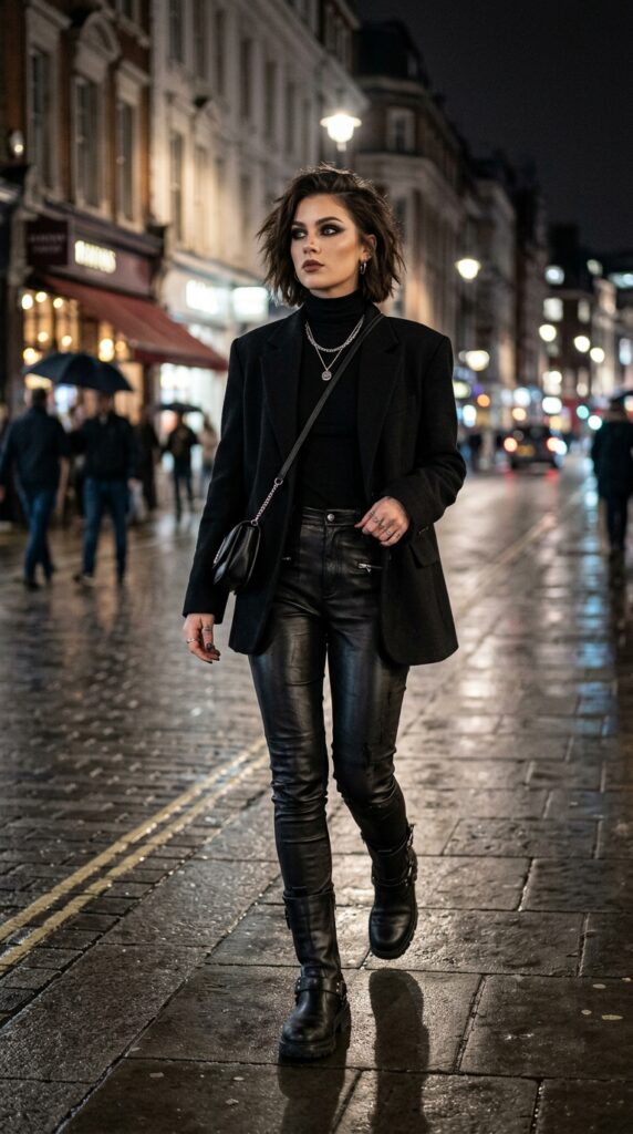 Woman in an all-black chic Halloween outfit with sleek styling, dark tones, and a modern edgy aesthetic