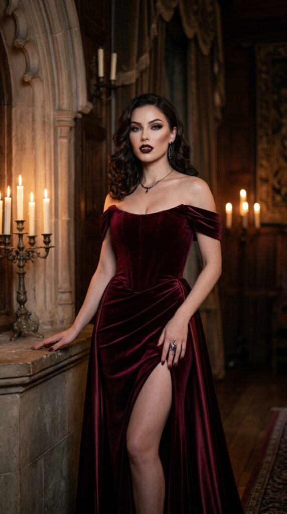 Woman in a glam vampire look with bold red lips, dark outfit, and elegant gothic makeup creating a dramatic Halloween aesthetic