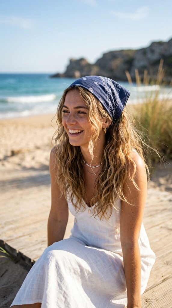 Bandana headband styled with beach waves, creating a relaxed, trendy, and effortlessly chic summer hairstyle look