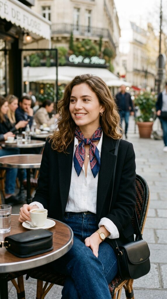 Bandana styled as a chic neck scarf with a minimal outfit, creating a polished, elegant, and effortlessly stylish look