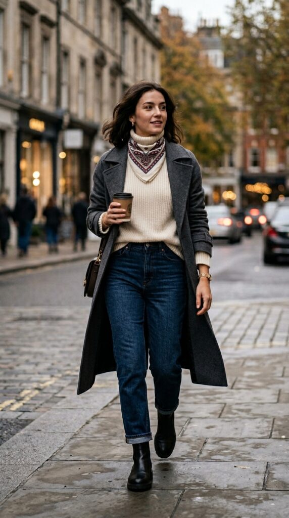 Bandana layered over a turtleneck sweater, creating a chic, cozy, and modern outfit with a stylish seasonal twist
