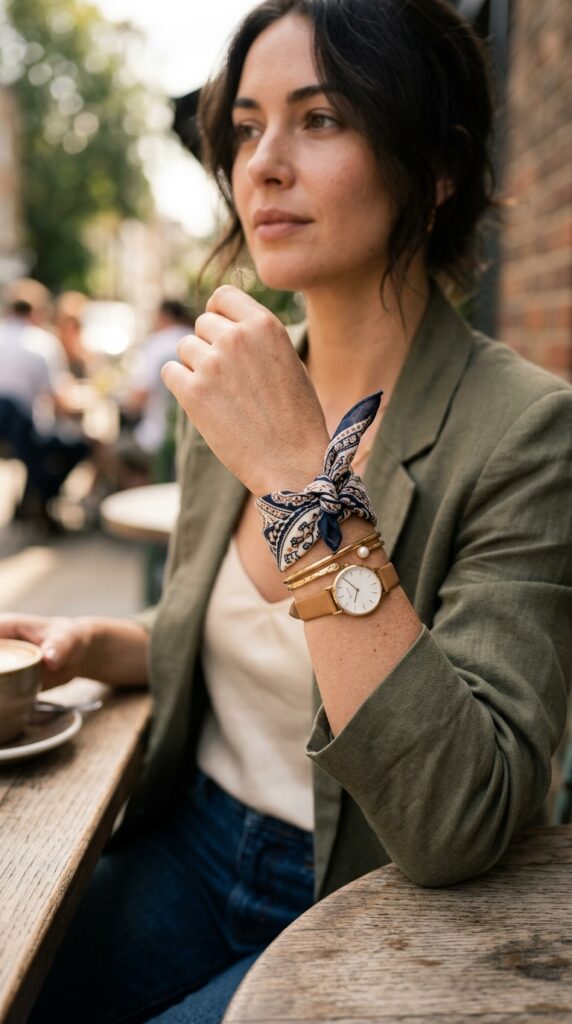 Bandana wrapped around the wrist as a stylish jewelry hack, layered with accessories to create a trendy and effortless outfit detail