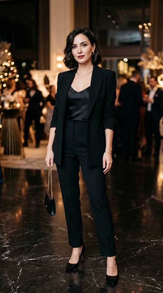 All-black elegant outfit with sleek styling, creating a timeless and sophisticated New Year’s Eve party look