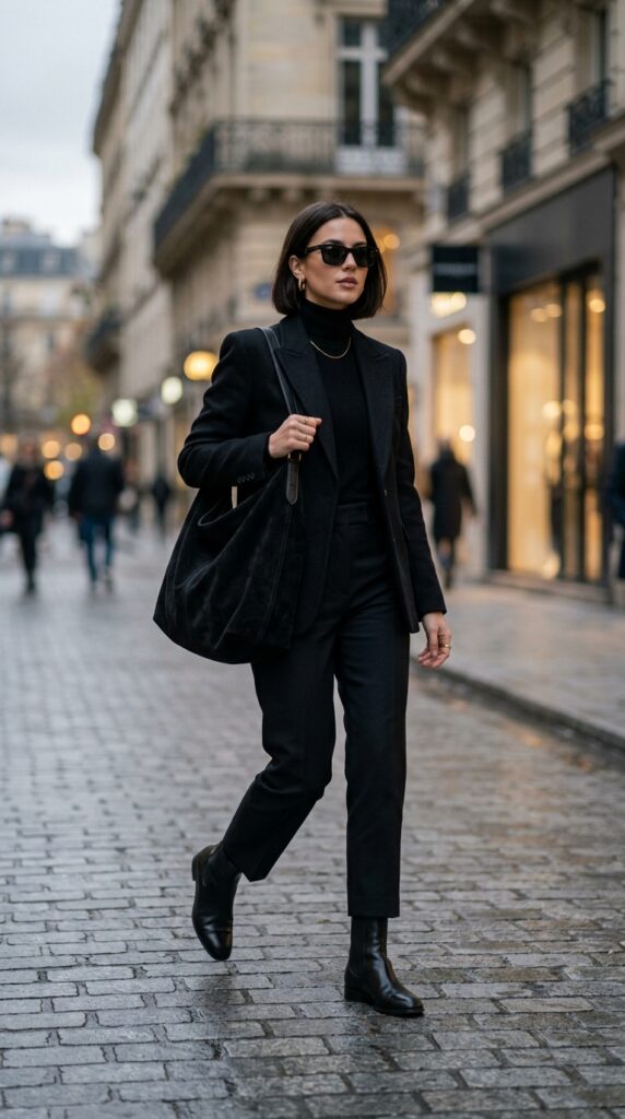 Woman in an all-black outfit with a slouchy suede bag, sleek silhouette, monochrome style, and a modern chic aesthetic