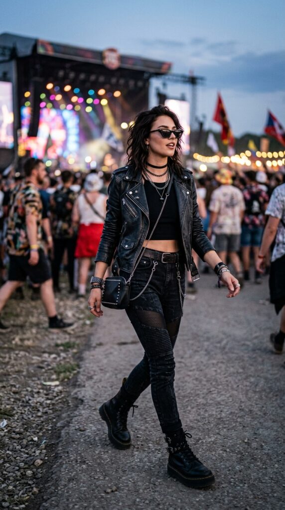 Woman in an all-black edgy festival outfit with leather textures, boots, and a bold modern aesthetic