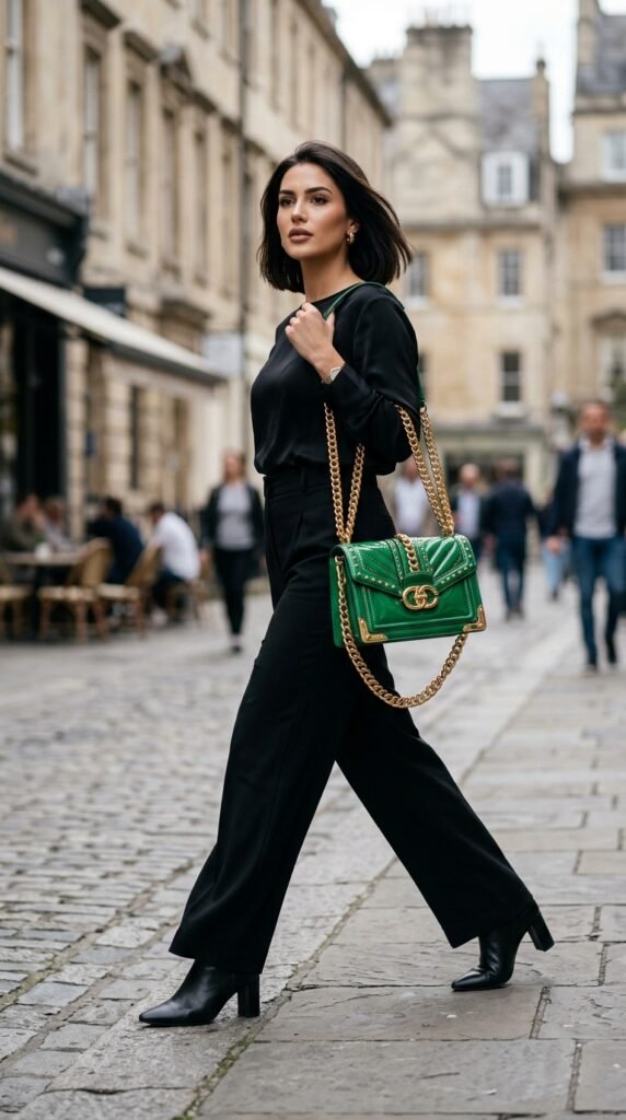 Woman in an all-black outfit with a bold statement bag, creating a sleek and powerful fashion look with a striking focal point