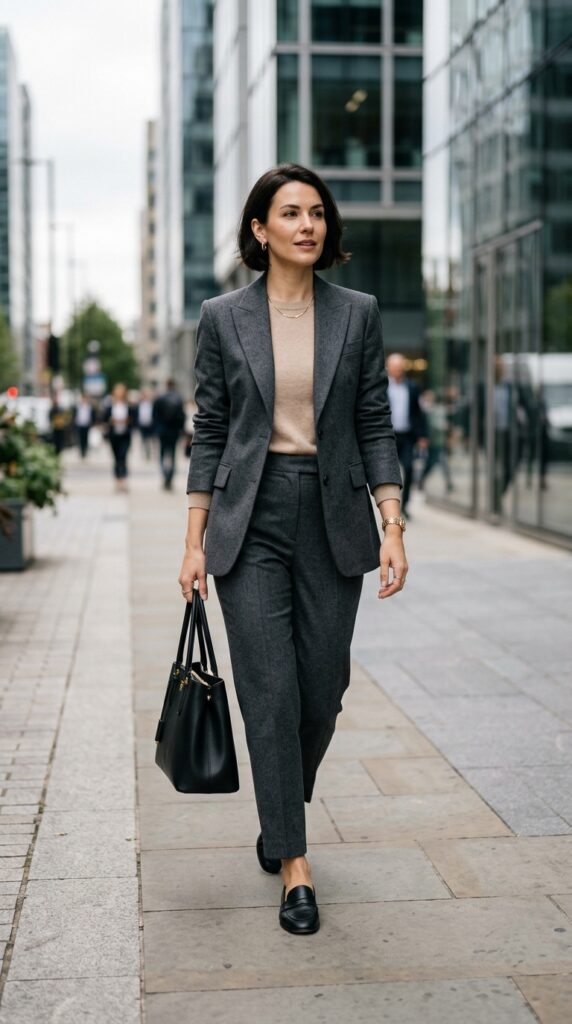Woman in a blazer and trousers outfit, polished fall style, neutral tones, and a modern professional aesthetic