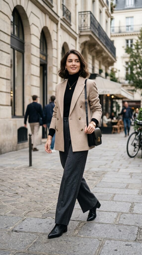 Tailored blazer with wide-leg trousers creating a cozy chic outfit that blends comfort with modern elegance and effortless style