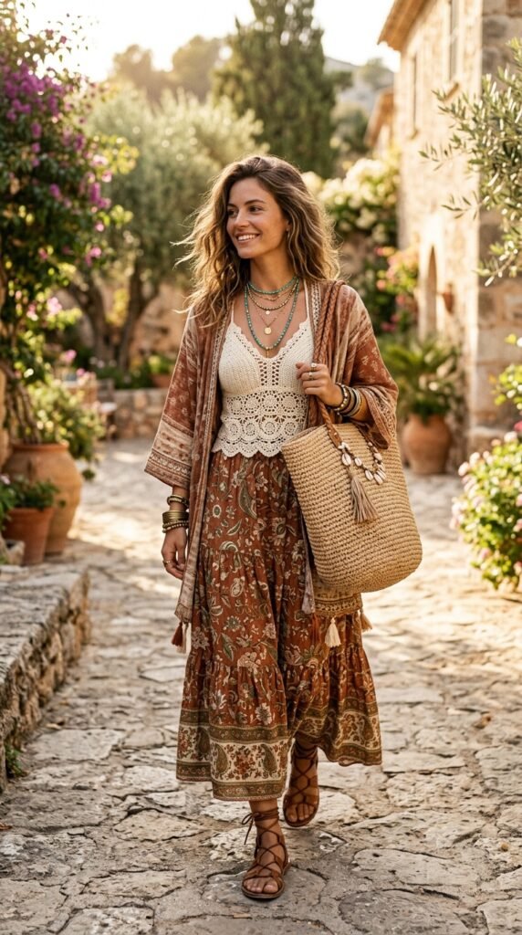 Boho layered outfit with a raffia bag, featuring flowy textures and earthy tones for a relaxed and stylish summer aesthetic