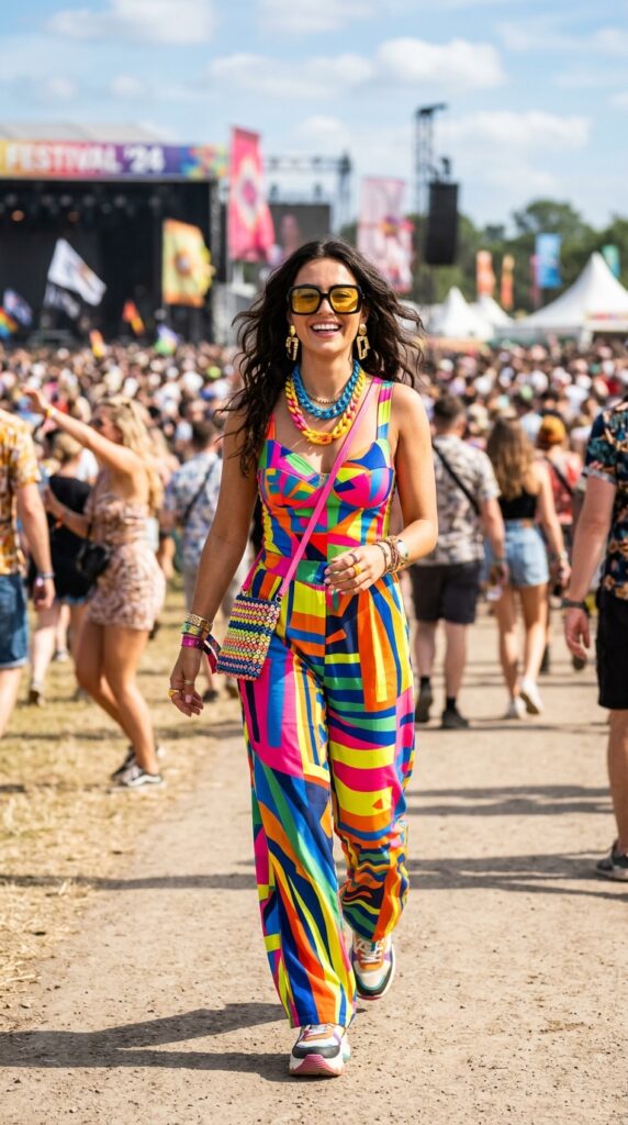 Woman in a colorful statement outfit with bold prints and vibrant tones, creating a fun and eye-catching festival aesthetic