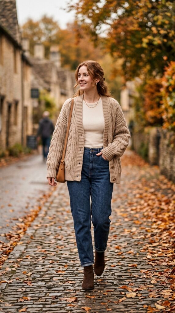 Woman in a cardigan layered outfit, cozy knitwear, neutral tones, and a relaxed stylish winter aesthetic