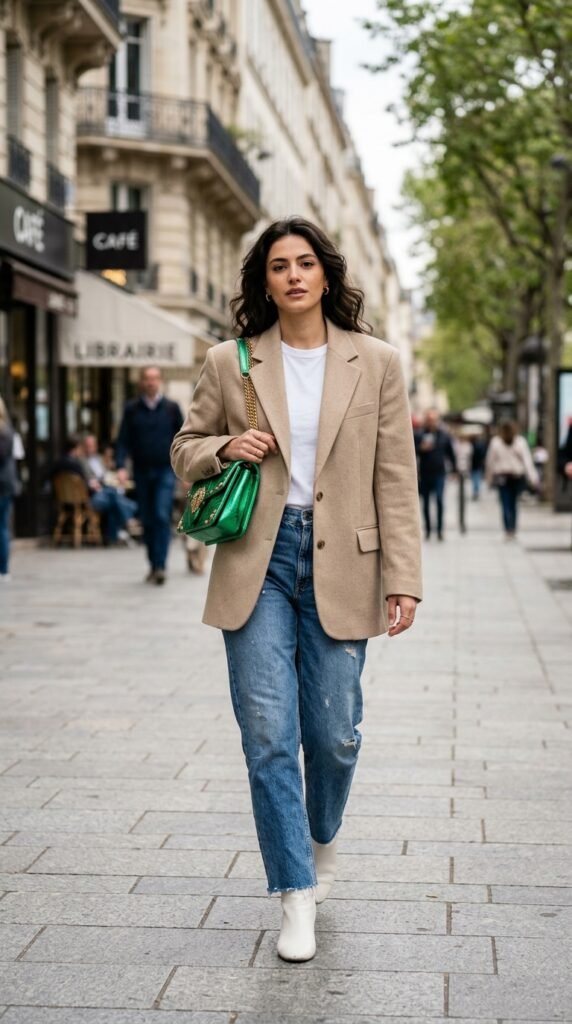 Woman in a denim outfit with an oversized blazer and statement bag, creating a modern chic and balanced fashion look