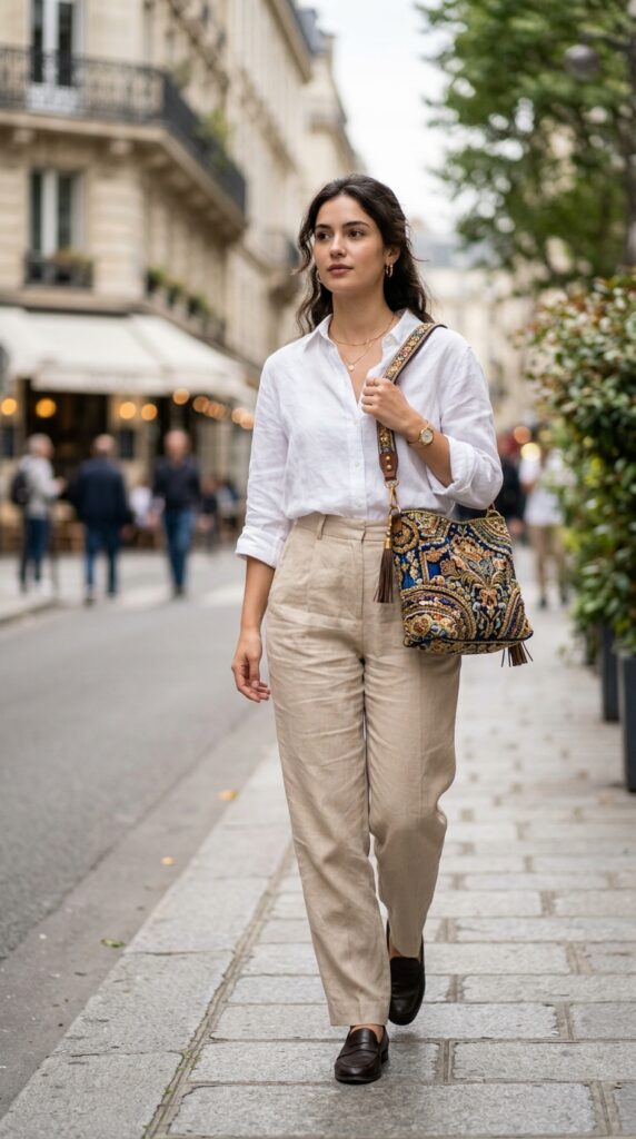 Embroidered bag paired with a minimal outfit, creating a balanced and elegant look with a bold statement accessory