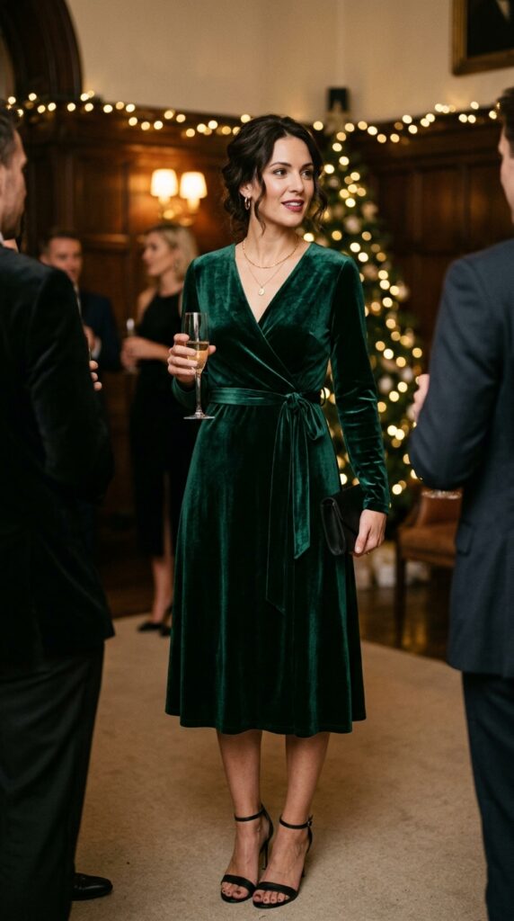 Festive wrap dress outfit with a flattering silhouette and elegant styling, creating a chic and glamorous look perfect for holiday parties