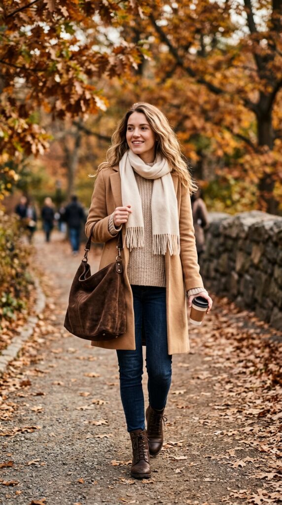 Woman in a cozy layered outfit with a slouchy suede bag, warm neutral tones, and a stylish winter aesthetic