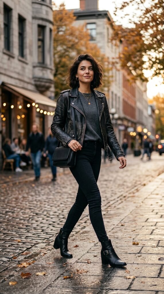 Woman in a leather jacket outfit, edgy fall style, dark tones, and a modern confident aesthetic