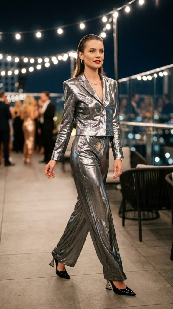Metallic outfit look with shiny reflective fabric, creating a bold glamorous New Year’s Eve party aesthetic