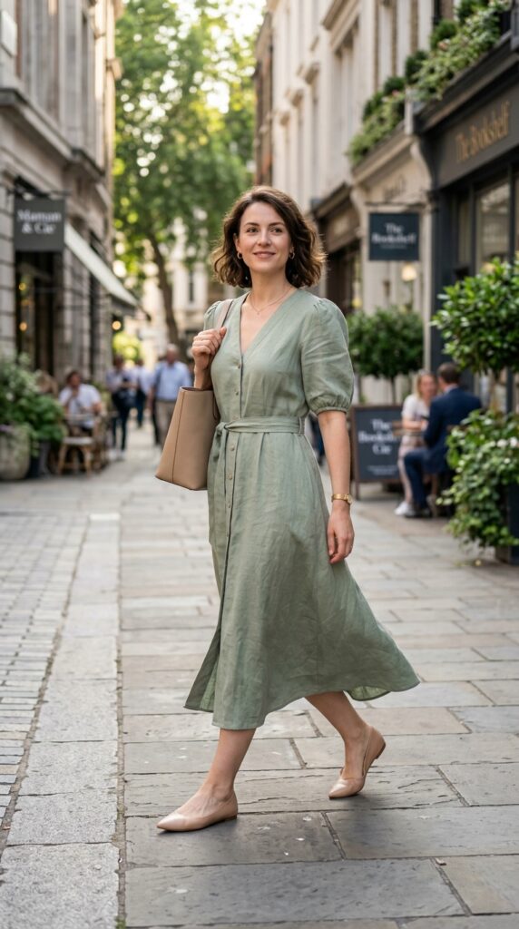 Woman in a midi dress with flats, comfortable summer office outfit, soft tones, and a polished feminine aesthetic