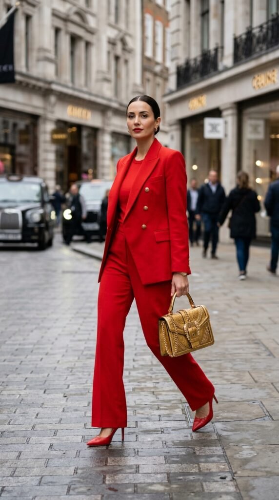 Woman in a monochrome bold color outfit with a statement bag, creating a vibrant and cohesive fashion look with a strong visual impact