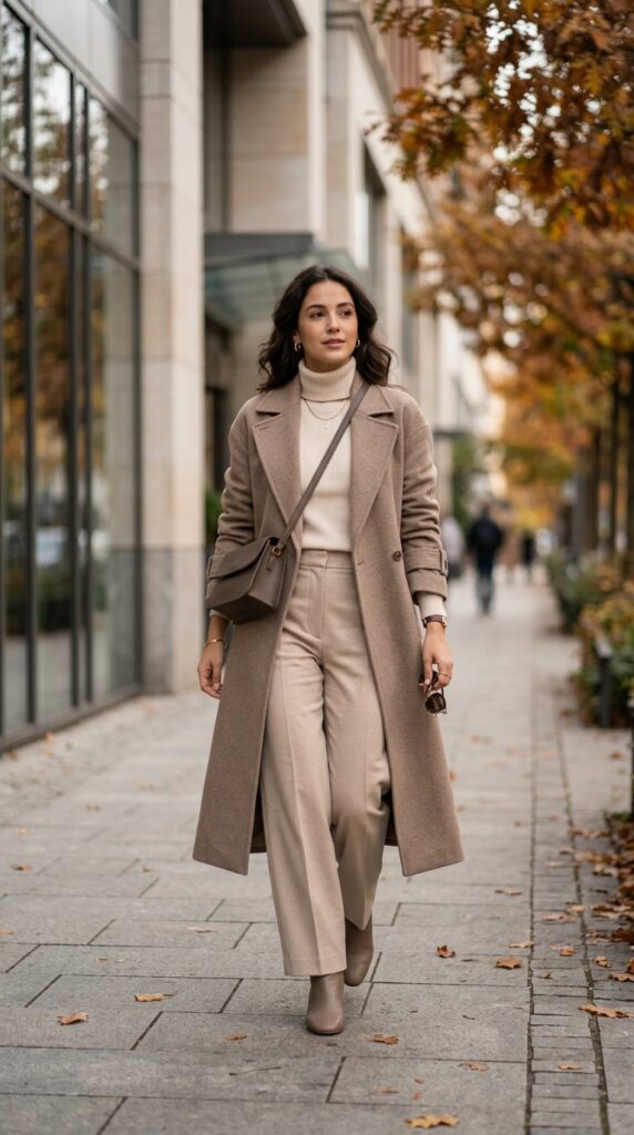 Woman in a monochrome neutral outfit, layered fall style, soft tones, and a sleek modern aesthetic
