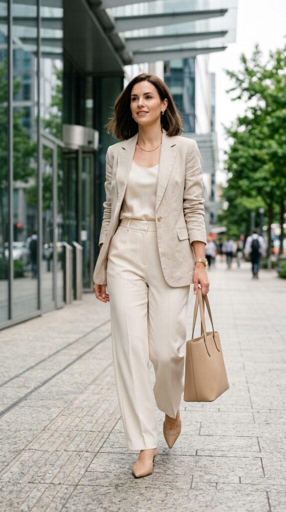 Woman in a monochrome neutral office outfit, coordinated summer look, soft tones, and a sleek professional aesthetic